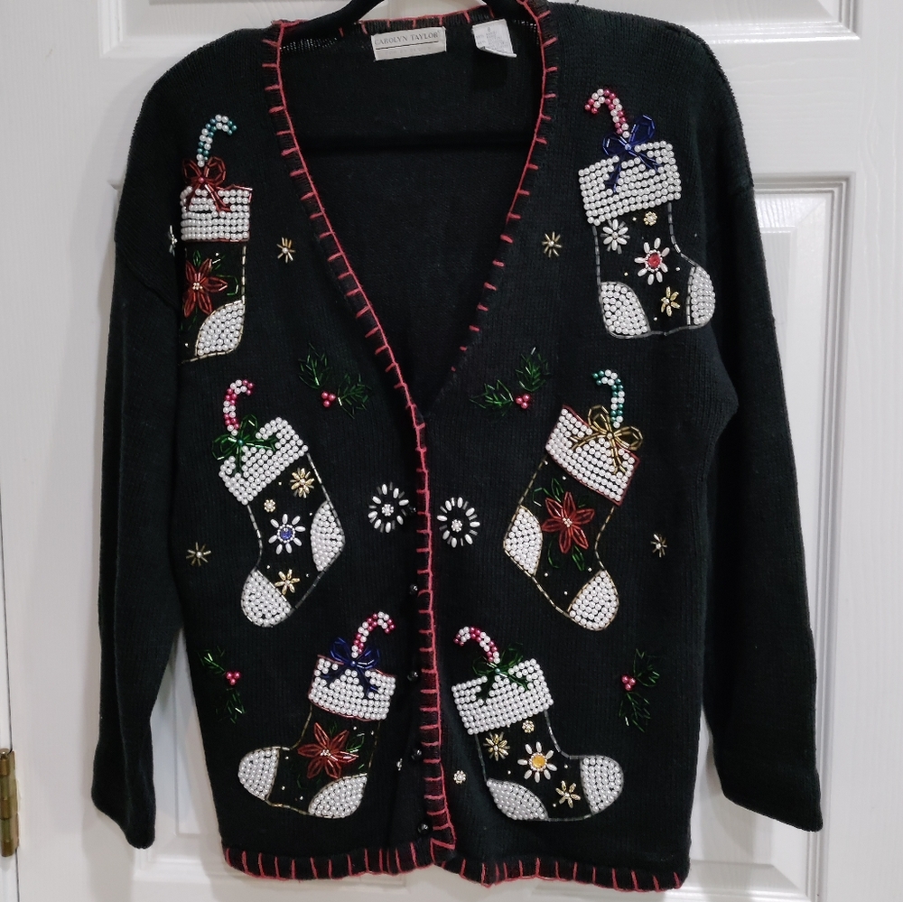 Vintage Carolyn Taylor black stocking Christmas Cardigan size Small